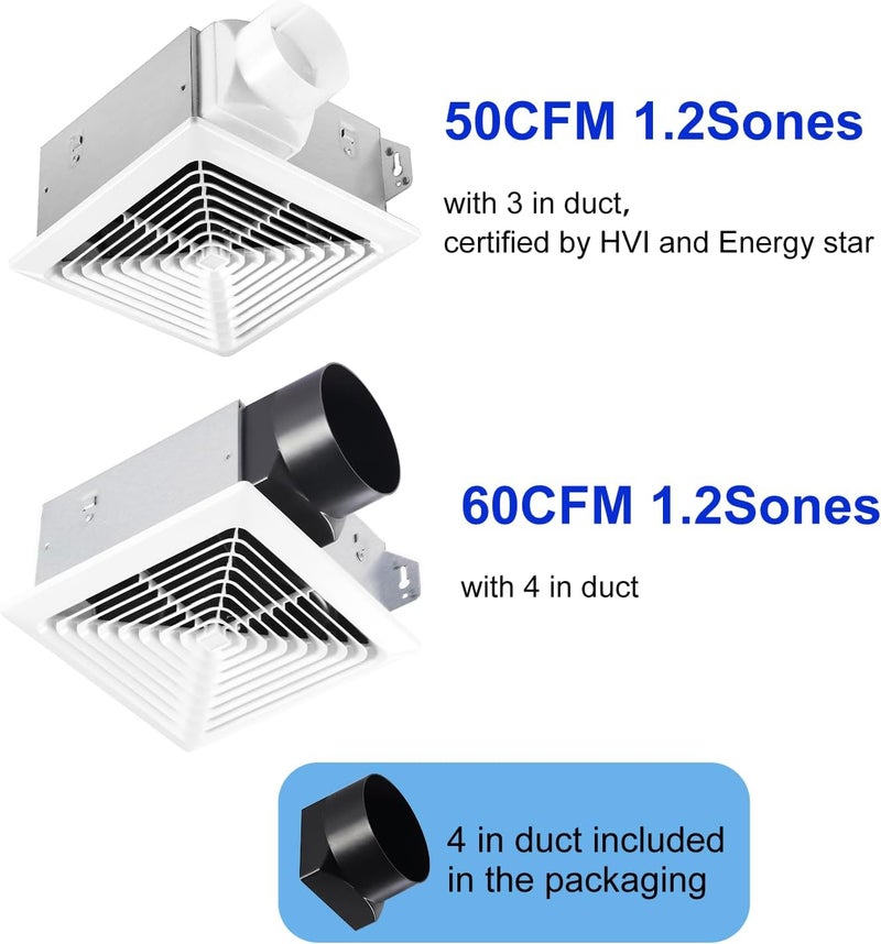 VENTECHLATION Bathroom Exhaust Fan 50 CFM,1.2 Sone, 3&4-Inch Duct Included, No Attic Access Needed, Energy Star, Easy to Install,Ceiling or Wall Mounted, Classic White Grille - Image 2